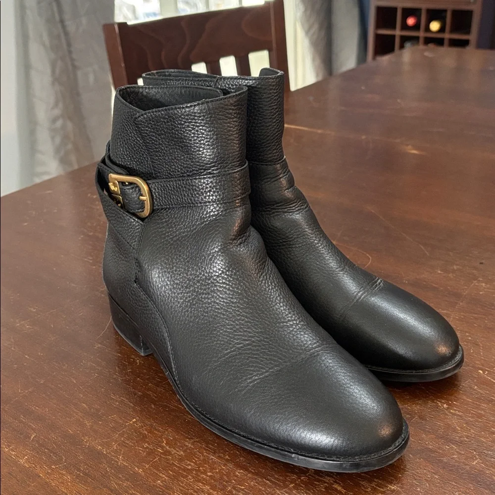 Tory‎ Burch Brooke Ankle Boots with Gold Buckle - Tumbled Black
